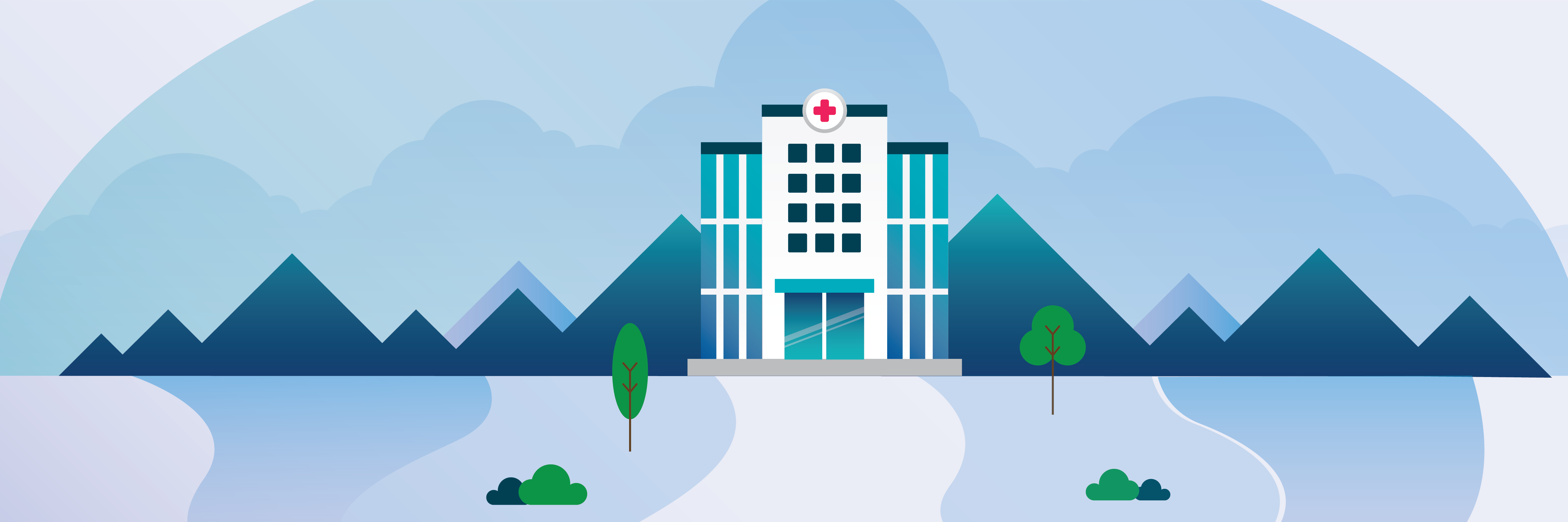 Graphic representation of a hospital set among mountains