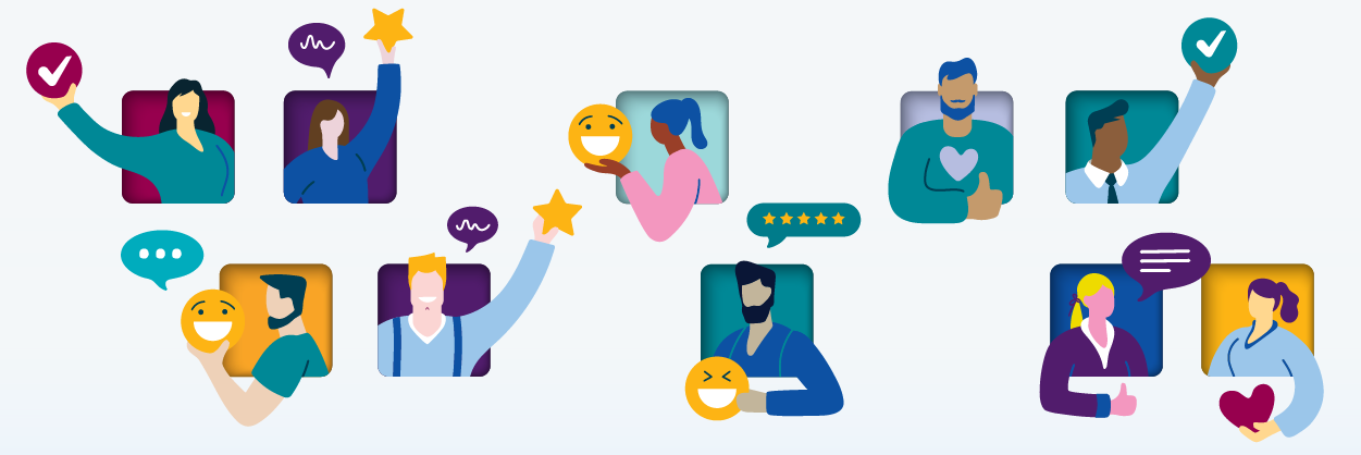 Collection of small graphics showing people communicating with each other in different ways